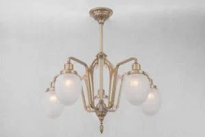 Art nouveau 5 armed chandelier with ripped glass shades 7