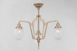 Art nouveau 3 armed chandelier with ripped glass shades 8